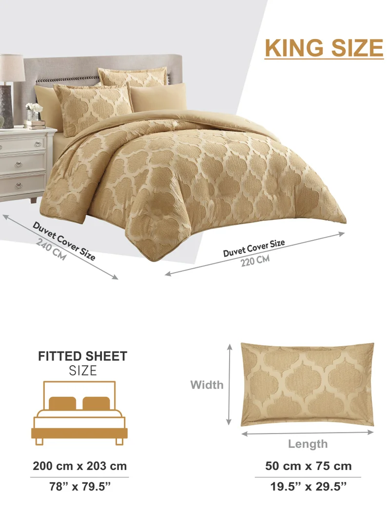 Donetella Duvet Set 6-Pcs King Size Embroidered Tufted Microfiber Bed Set With 1 Duvet Cover(220 x 240 CM) 1 Fitted Sheet 2 Pillow Sham And 2 Pillowcases(Without Filler),Dark Beige