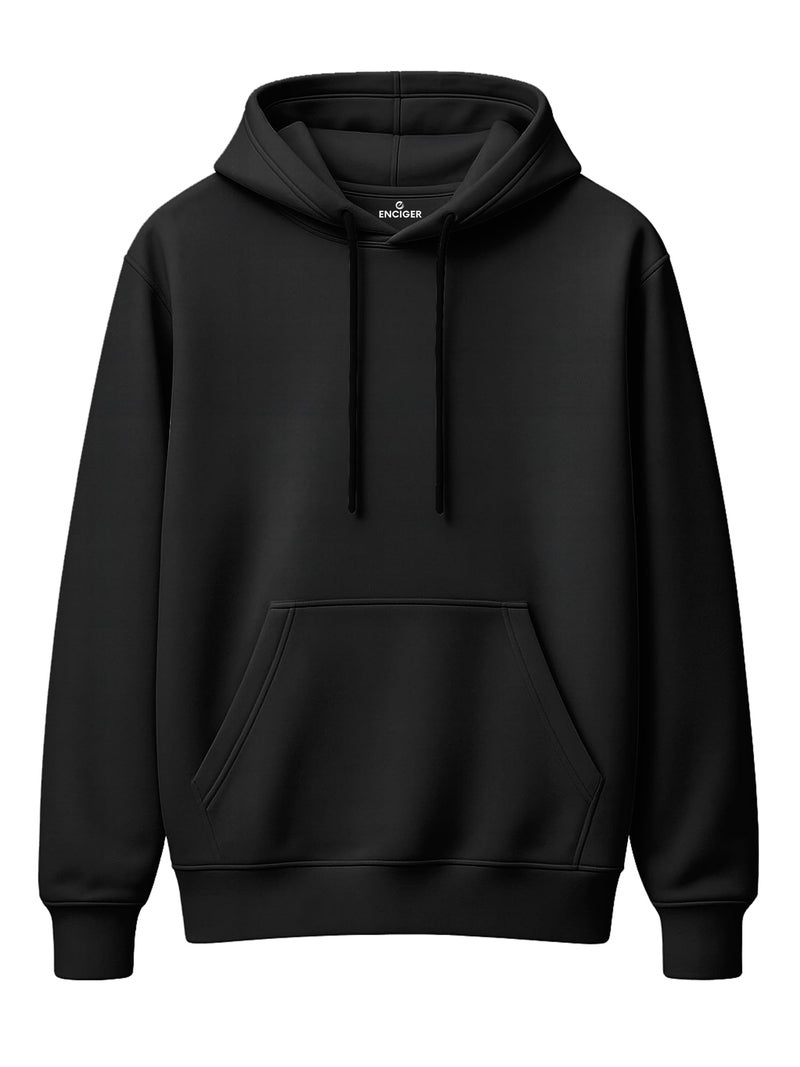 ENCIGER Men’s Solid Hoodie | 100% Cotton Fleece Warm Sweatshirt with Kangaroo Pocket & Adjustable Hood | Regular Fit Winter Wear for Men Black, 2XL - Image 1