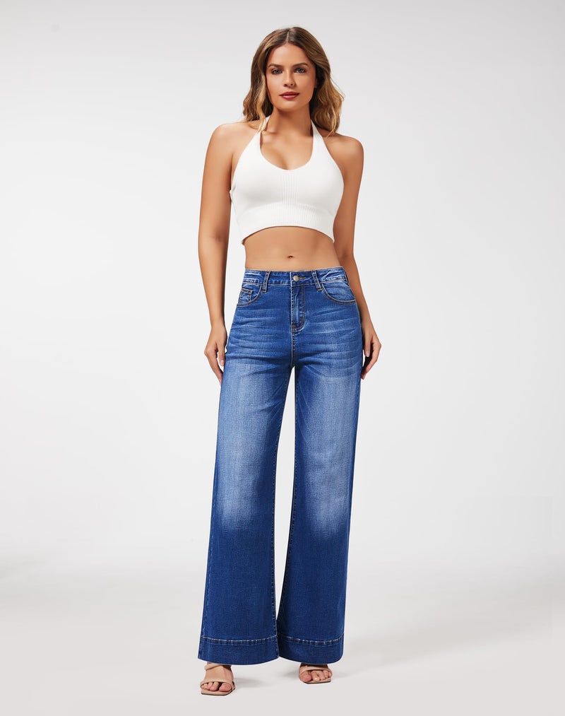 roswear Women's Wide Leg Jeans Casual High Waisted Stretchy Baggy Loose Long Trouser Jeans Blue Small - Image 3