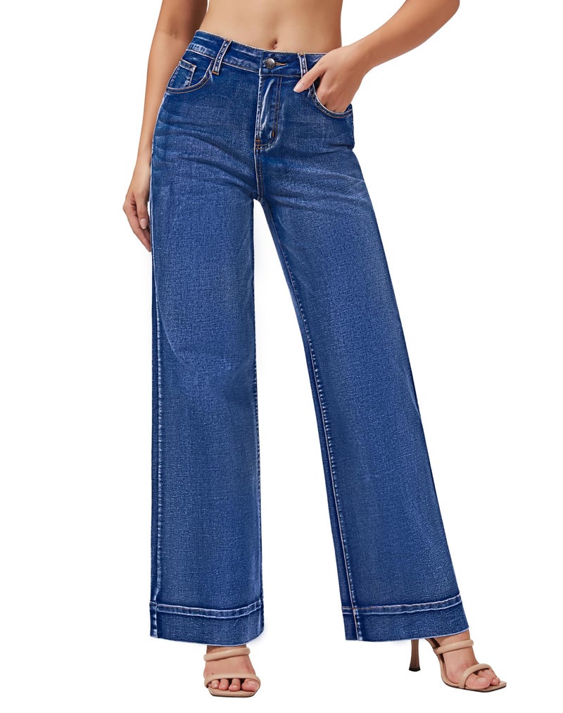 roswear Women's Wide Leg Jeans Casual High Waisted Stretchy Baggy Loose Long Trouser Jeans Blue Small - Image 1
