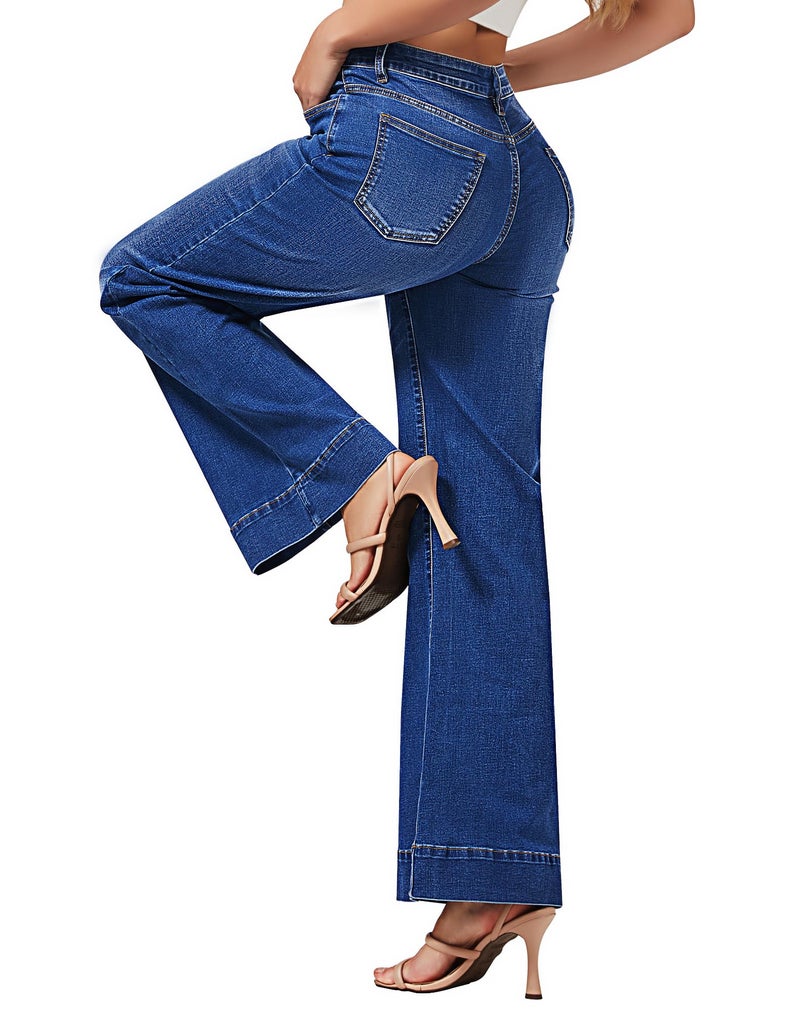 roswear Women's Wide Leg Jeans Casual High Waisted Stretchy Baggy Loose Long Trouser Jeans Blue Small - Image 2
