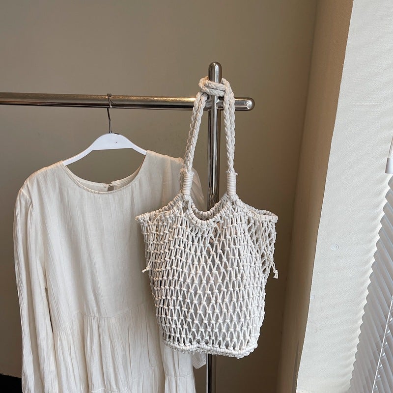 Cotton Thread Woven Bag Large Capacity Mesh Shoulder Straw Bag Handmade Niche Women'S Bag Casual Vacation Beach Bag - Image 2