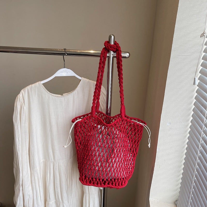 Cotton Thread Woven Bag Large Capacity Mesh Shoulder Straw Bag Handmade Niche Women'S Bag Casual Vacation Beach Bag - Image 5