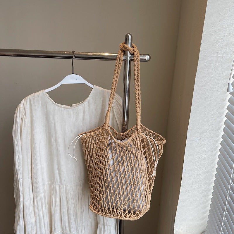 Cotton Thread Woven Bag Large Capacity Mesh Shoulder Straw Bag Handmade Niche Women'S Bag Casual Vacation Beach Bag - Image 1