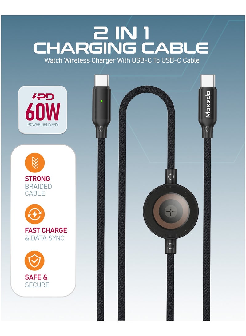Moxedo كابل شحن موكسييدو 2 في 1 60 واط PD شاحن لاسلكي للساعات مع كابل نايلون مضفر USB-C إلى USB-C متوافق مع ساعة آي ووتش سلسلة 10/9/8/7/6/5/4/3/2/SE/ألترا سلسلة - Image 5
