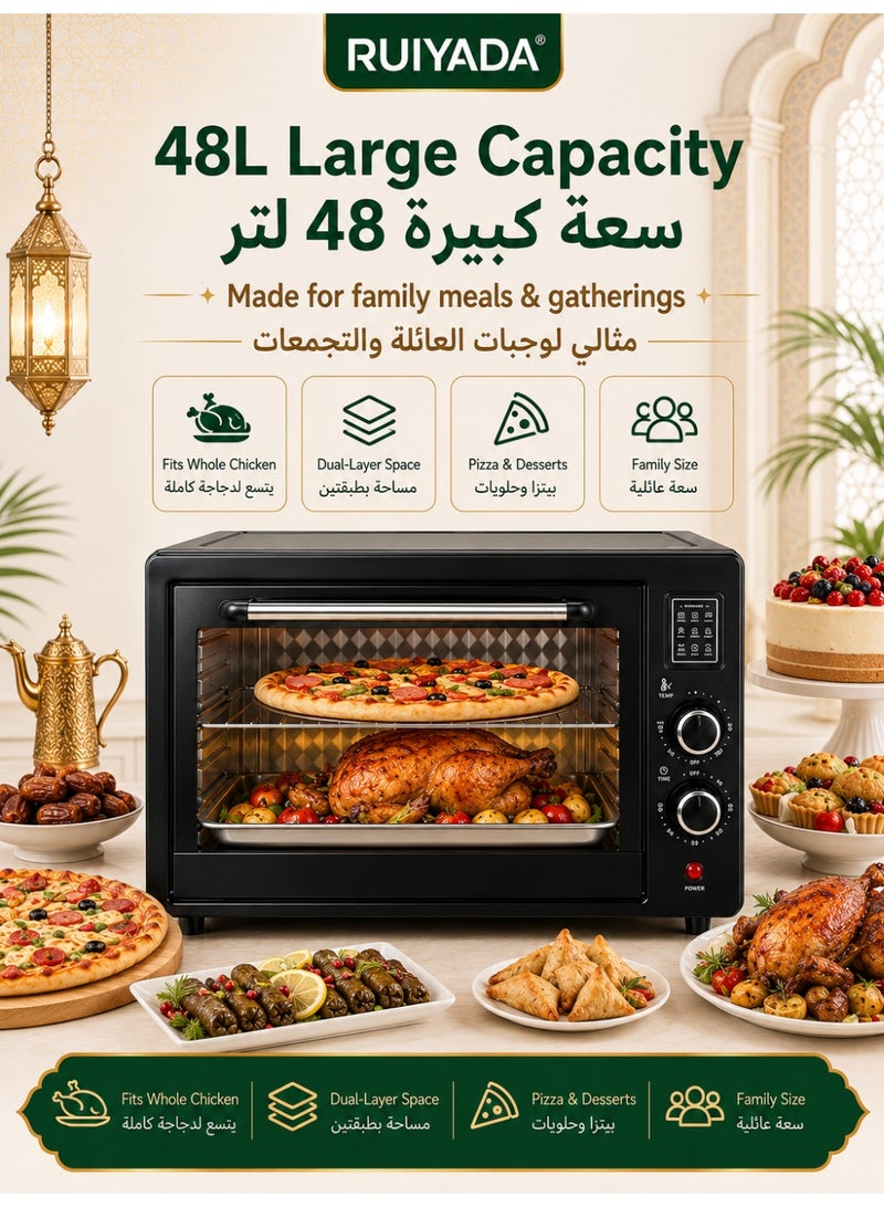الحلم فرن كهربائي بسعة **48 لتر** يوضع على سطح الطاولة، بقدرة **2000 واط**، مع تحكم مستقل في التسخين العلوي والسفلي، فرن متعدد الطبقات للخبز والتحميص، فرن حراري متعدد الوظائف لتحضير البيتزا، الدجاج المشوي، الشواء، والطهي العائلي. - Image 2