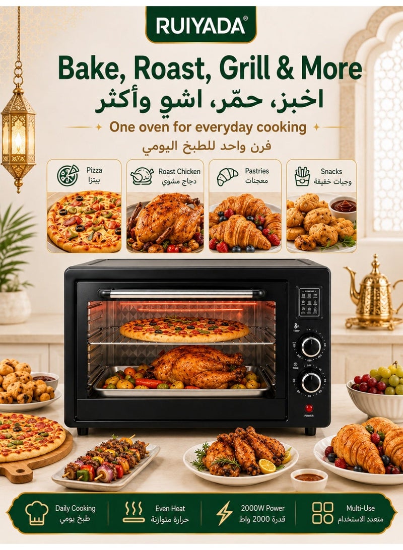 RUIYADA 48L Electric Countertop Oven, 2000W Large Capacity Toaster Oven with Independent Upper & Lower Heating Control, Double Layer Baking & Roasting Oven, Multi-Function Convection Oven for Pizza, Chicken, Grill & Family Cooking - Image 5