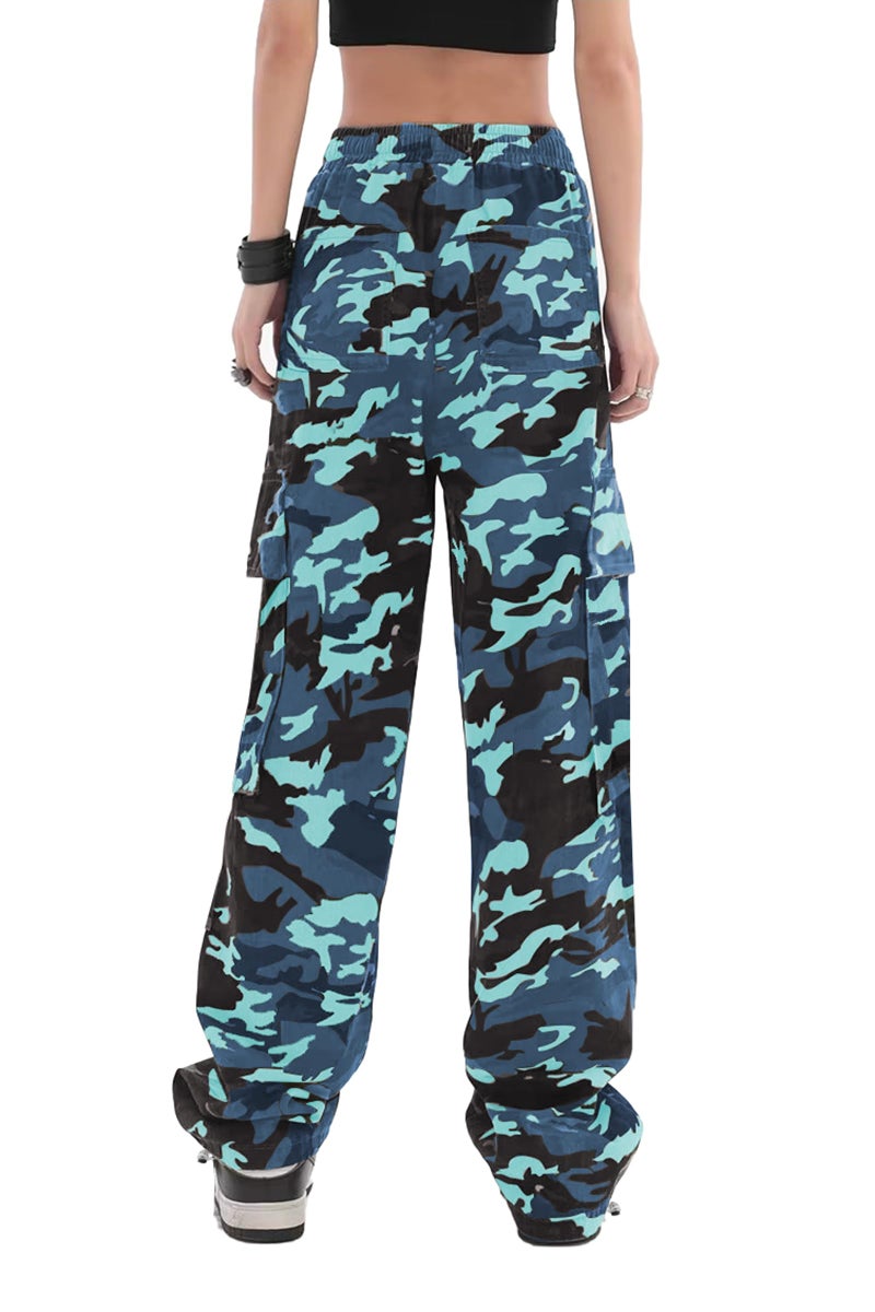 SESERAGI Cargo Pants Women Baggy Streetwear Y2K Drawstring Trousers Wide Leg Pants Camo Blue L - Image 3