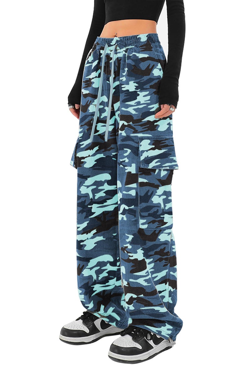SESERAGI Cargo Pants Women Baggy Streetwear Y2K Drawstring Trousers Wide Leg Pants Camo Blue L - Image 4