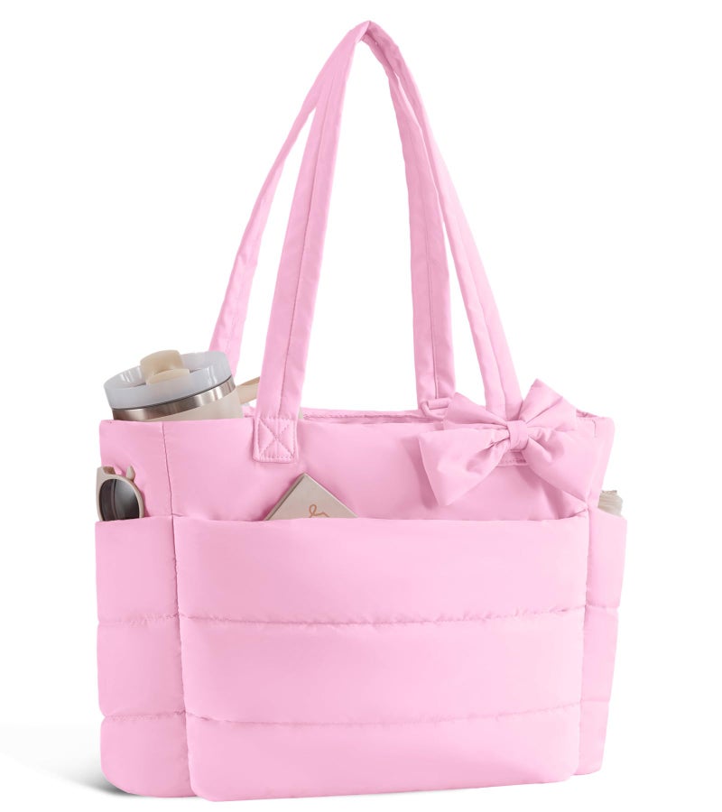 CTWWFS Puffer Tote Bag for Women, Quilted Bow Tote Bag with Cup Holder & 15.6 In Laptop Compartment, Lightweight Puffy Shoulder Bag with Zipper for Work, Travel, Gym, College (Dark Pink) - Image 1