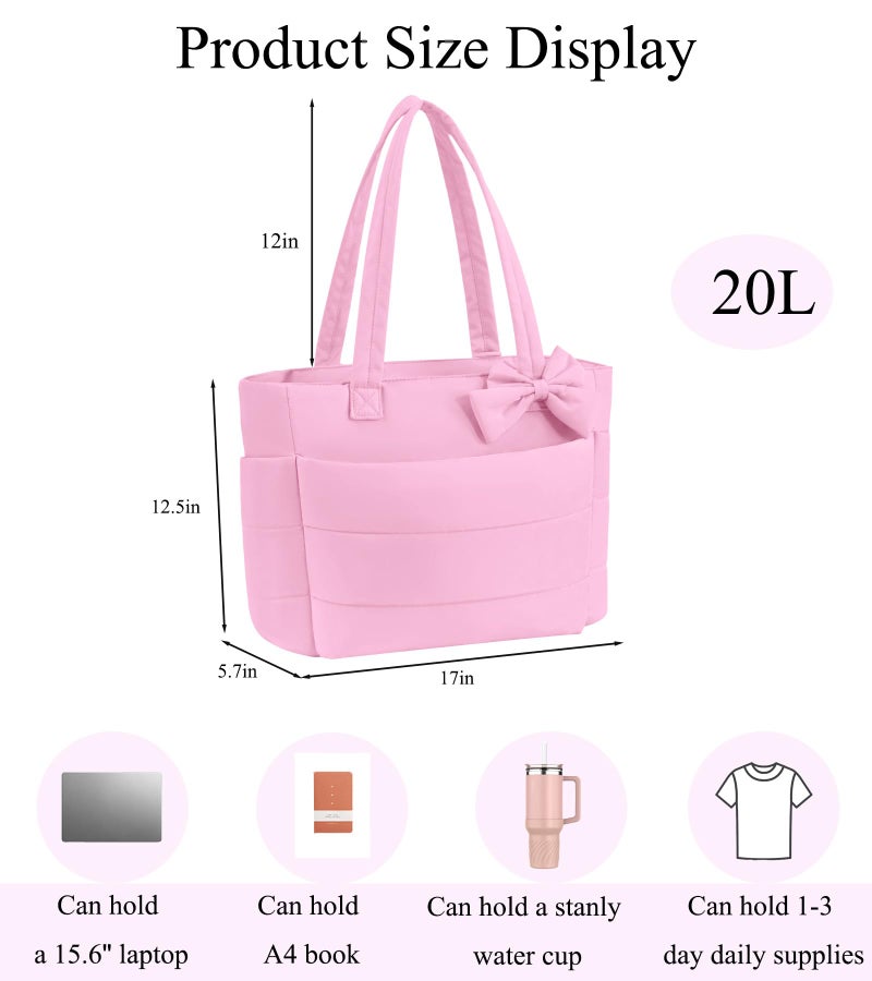 CTWWFS Puffer Tote Bag for Women, Quilted Bow Tote Bag with Cup Holder & 15.6 In Laptop Compartment, Lightweight Puffy Shoulder Bag with Zipper for Work, Travel, Gym, College (Dark Pink) - Image 3
