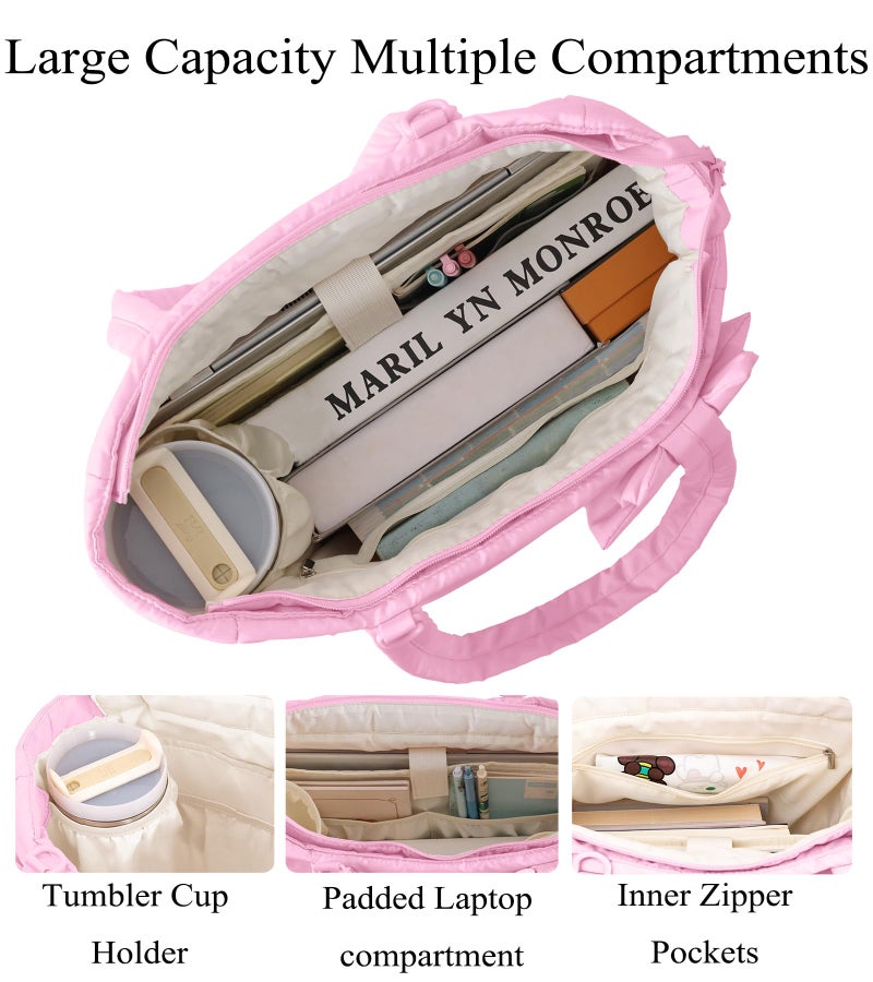 CTWWFS Puffer Tote Bag for Women, Quilted Bow Tote Bag with Cup Holder & 15.6 In Laptop Compartment, Lightweight Puffy Shoulder Bag with Zipper for Work, Travel, Gym, College (Dark Pink) - Image 4