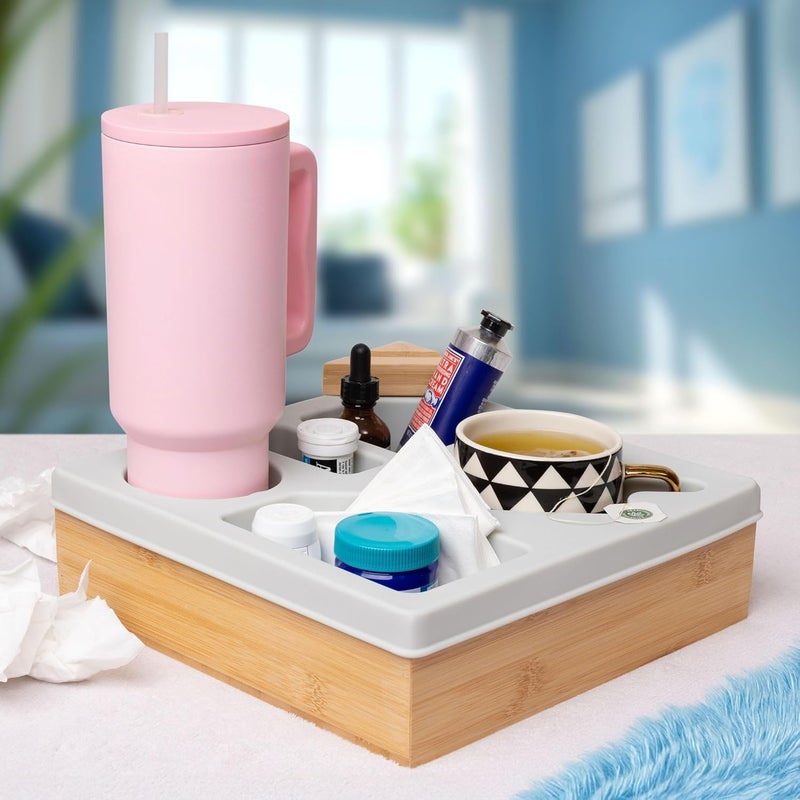 حامل أكواب الأريكة من الخيزران مع غطاء سيليكون قابل للإزالة، صينية ذراع الأريكة المتينة للمشروبات والوجبات الخفيفة وأجهزة التحكم عن بُعد، حامل أكواب قابل للغسل ومقاوم للتسرب للأريكة في غرفة المعيشة - Image 2