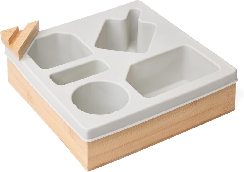 حامل أكواب الأريكة من الخيزران مع غطاء سيليكون قابل للإزالة، صينية ذراع الأريكة المتينة للمشروبات والوجبات الخفيفة وأجهزة التحكم عن بُعد، حامل أكواب قابل للغسل ومقاوم للتسرب للأريكة في غرفة المعيشة - Image 1