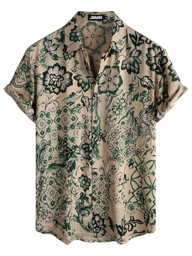 JOTOOK Mens Hawaiian Shirt Short Sleeve Button Down Tropical Shirts Casual Floral Summer Beach Shirt XX-Large Beige Green - Image 1