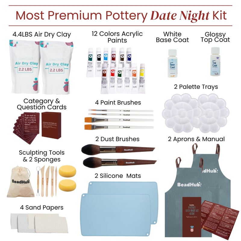 BeadHub Date Night Pottery Kit for Beginners - 4.4Lbs Air Dry Clay for Adults with Sculpting Tools, Paint, Glaze, Modeling Clay Molding, Sculpt & Painting Set, Hobby DIY Art Craft Kits for Couple (White) - Image 2
