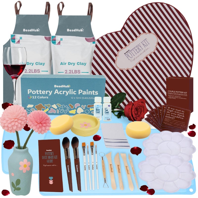 BeadHub Date Night Pottery Kit for Beginners - 4.4Lbs Air Dry Clay for Adults with Sculpting Tools, Paint, Glaze, Modeling Clay Molding, Sculpt & Painting Set, Hobby DIY Art Craft Kits for Couple (White) - Image 1