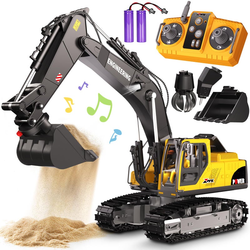 GraceDuck Remote Control Excavator Toys for Boys 3 in 1 RC Excavator Toy with Alloy Bucket Rock Breaker and Grapples Rotatable 680 Lights and Sounds RC Construction Toys for Boys Age 3 - Image 3