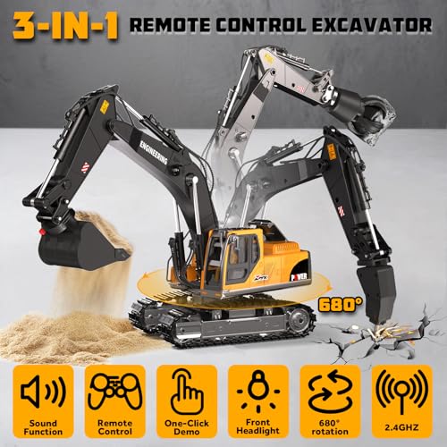 GraceDuck Remote Control Excavator Toys for Boys 3 in 1 RC Excavator Toy with Alloy Bucket Rock Breaker and Grapples Rotatable 680 Lights and Sounds RC Construction Toys for Boys Age 3 - Image 5