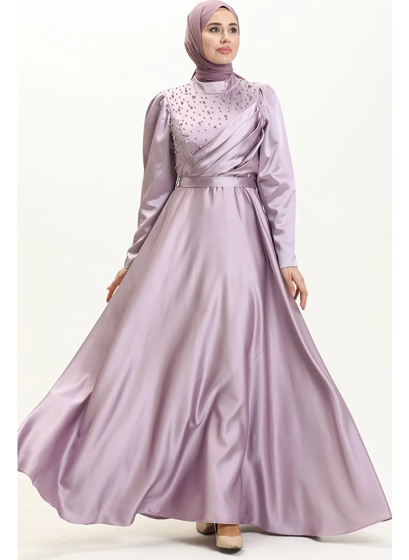 Sefa Merve Pearl Satin Evening Dress 5650-01 Lilac