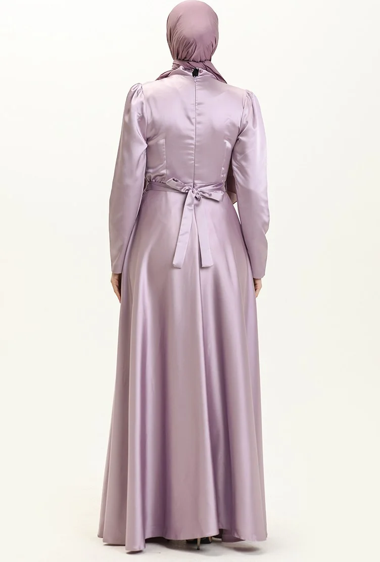 Sefa Merve Pearl Satin Evening Dress 5650-01 Lilac