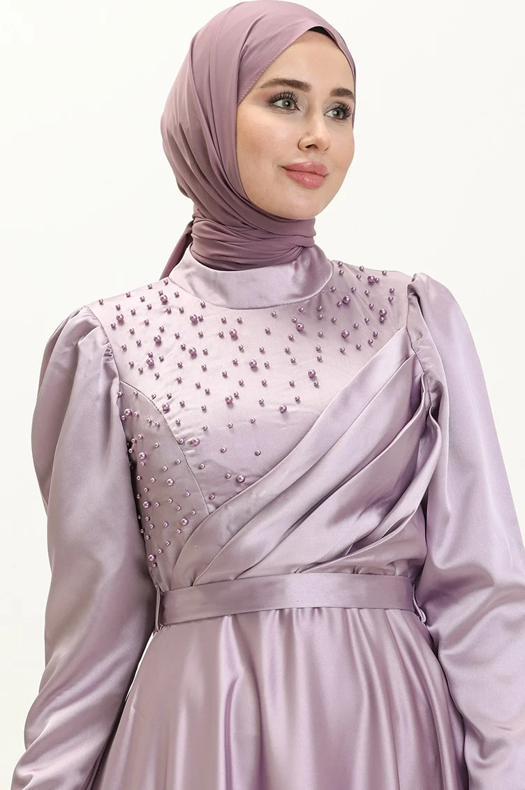 Sefa Merve Pearl Satin Evening Dress 5650-01 Lilac