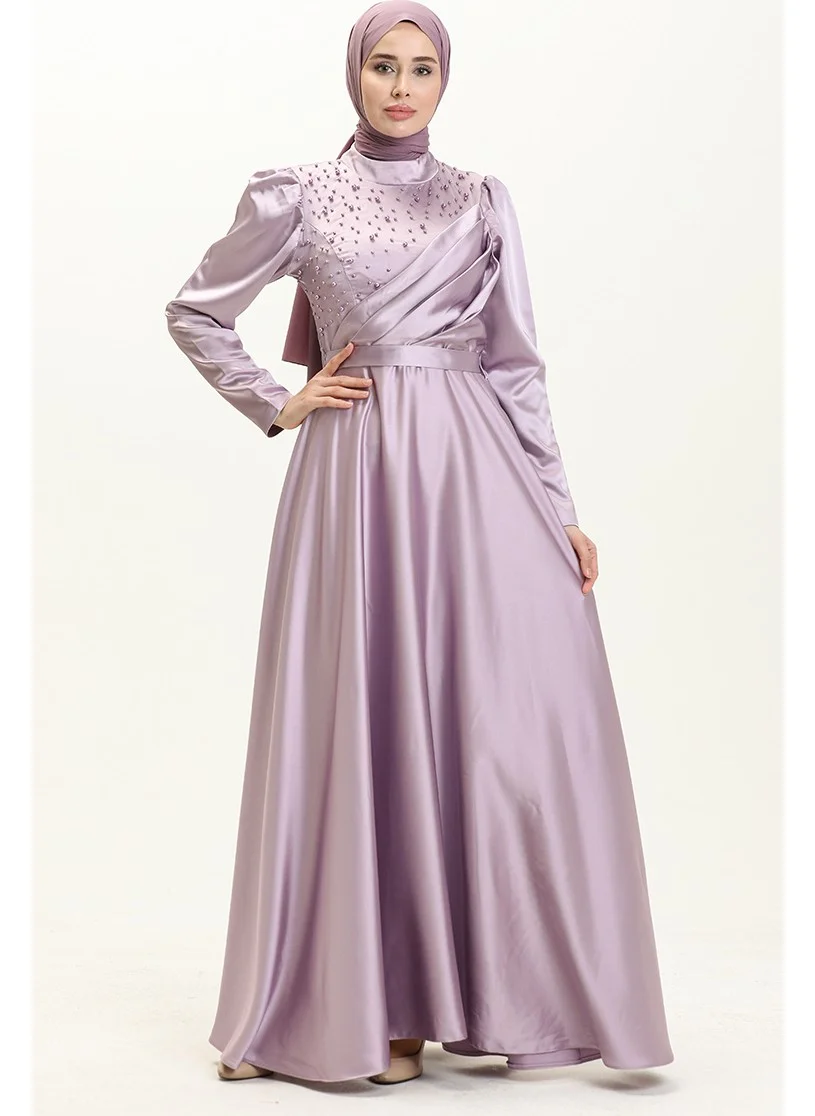 Sefa Merve Pearl Satin Evening Dress 5650-01 Lilac