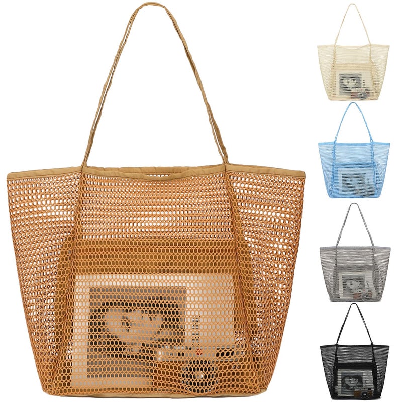 Fammart Mesh Beach Bag for Women, Casual Hobo Bags Large Beach Tote for Pool Travel Cruise Vacation Essentials, Simple Modern - Khaki - Image 1