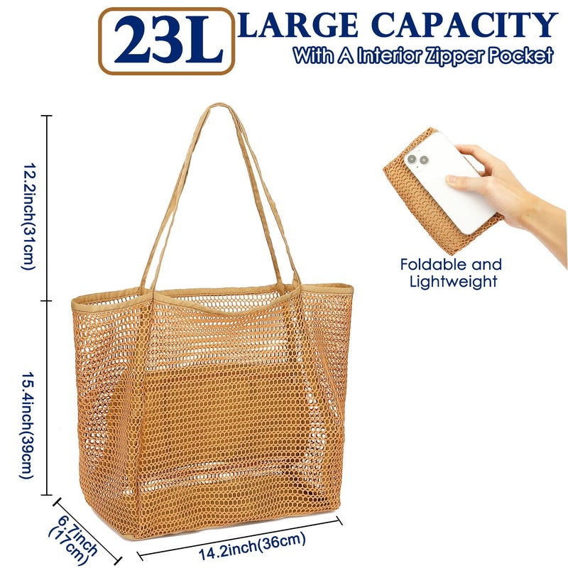 Fammart Mesh Beach Bag for Women, Casual Hobo Bags Large Beach Tote for Pool Travel Cruise Vacation Essentials, Simple Modern - Khaki - Image 4