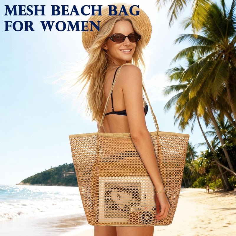 Fammart Mesh Beach Bag for Women, Casual Hobo Bags Large Beach Tote for Pool Travel Cruise Vacation Essentials, Simple Modern - Khaki - Image 2