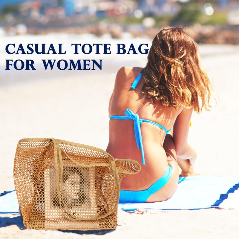 Fammart Mesh Beach Bag for Women, Casual Hobo Bags Large Beach Tote for Pool Travel Cruise Vacation Essentials, Simple Modern - Khaki - Image 3