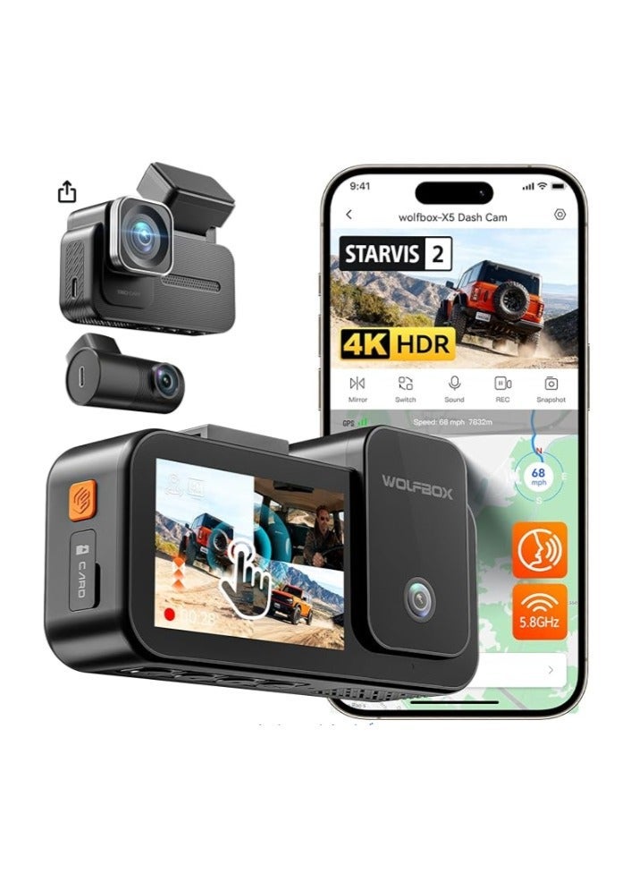 وولف بوكس X5 كاميرا داش ثلاثية 4K HDR أمامية وداخلية وخلفية مع GPS وواي فاي 5.8GHz وتحكم صوتي وبطاقة 128GB - Image 2