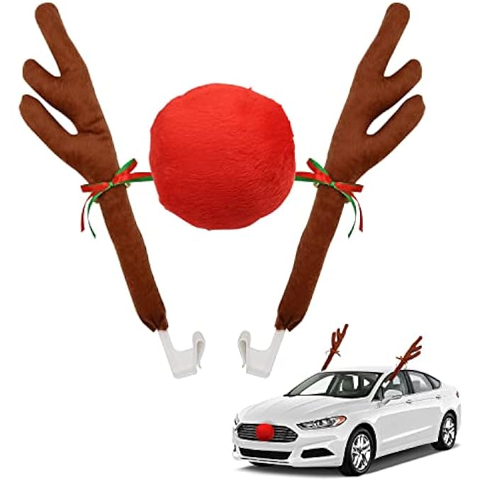 rayihni Car Reindeer Antlers & Nose - Window Roof-Top & Grille Rudolph Reindeer Jingle Bell Christmas Costume Auto Accessories - Image 1