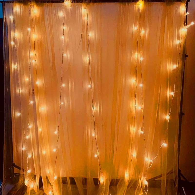 Selibration Beige Decoration Backdrop Net Hanging Curtain Cloth for Romantic Dinner & Birthday Parties Valentines Day Haldi & Mahndi Party with LED (Pack of 2 Pieces) - Image 1