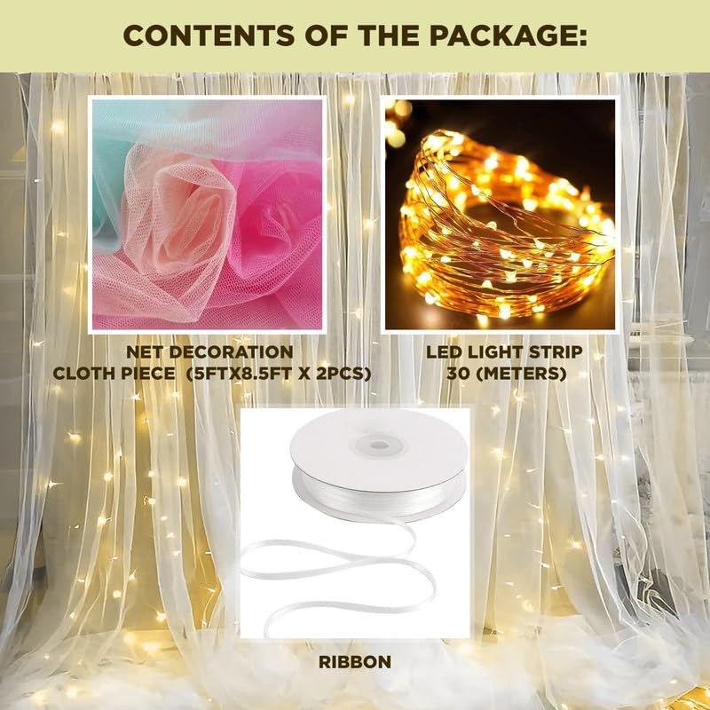 Selibration Beige Decoration Backdrop Net Hanging Curtain Cloth for Romantic Dinner & Birthday Parties Valentines Day Haldi & Mahndi Party with LED (Pack of 2 Pieces) - Image 4