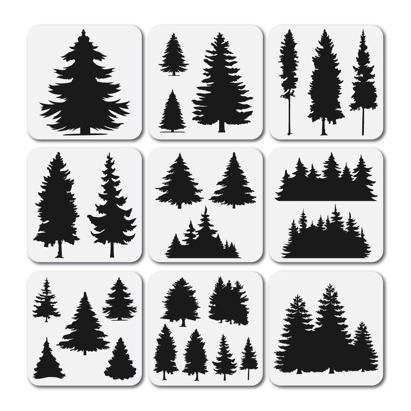 9 Pack of Pine and Fir Tree Stencil Set  Reusable Christmas Tree Stencils for Painting on Wood Walls Fabric  Concrete  Durable and Thick Plastic  Holiday and Outdoor Decoration