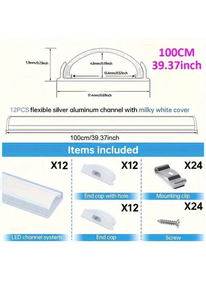 12Pack Flexible Silver LED Aluminum Channel 100CM 39Inch With Milky White Cover Lens - Image 1