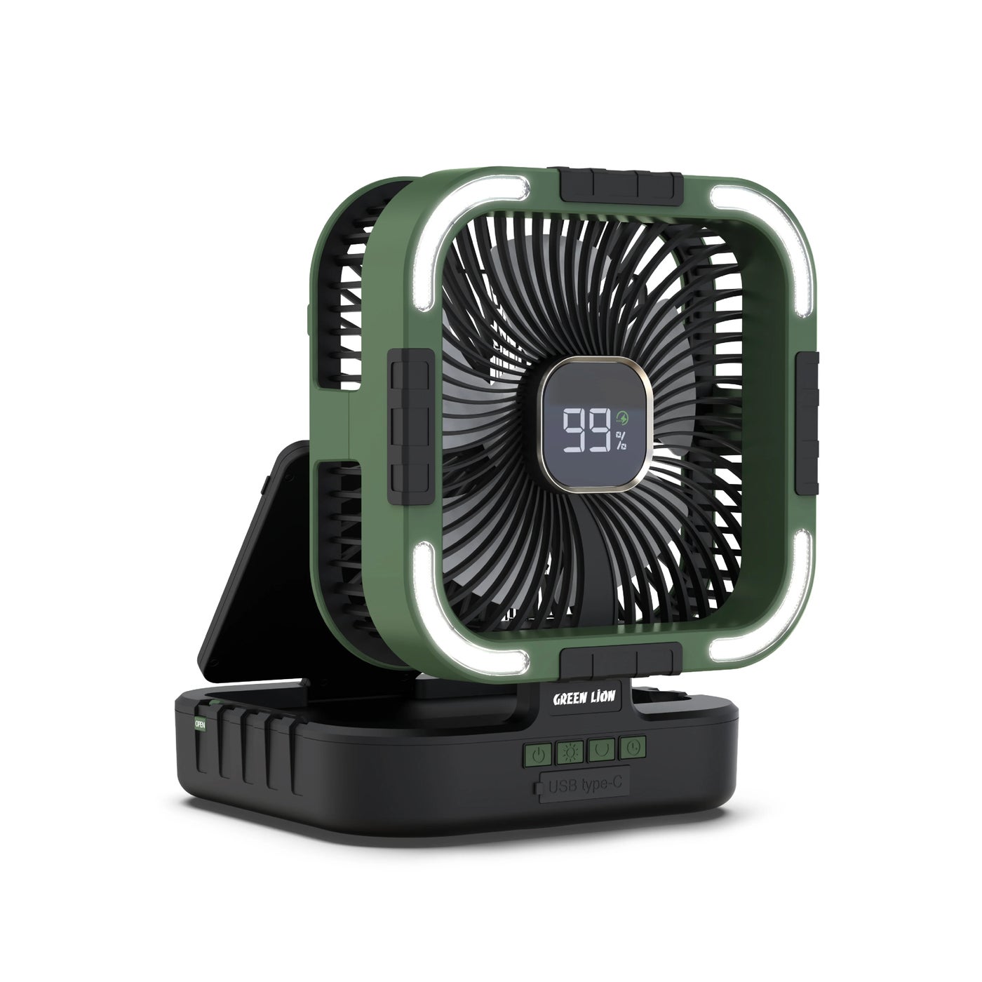 3 in 1 Solar Rechargeable Portable Fan with LED Light and 10000mAh Power Bank, 6 Speed Levels, 120° Oscillation, USB-C and Solar Charging, 5-Blade