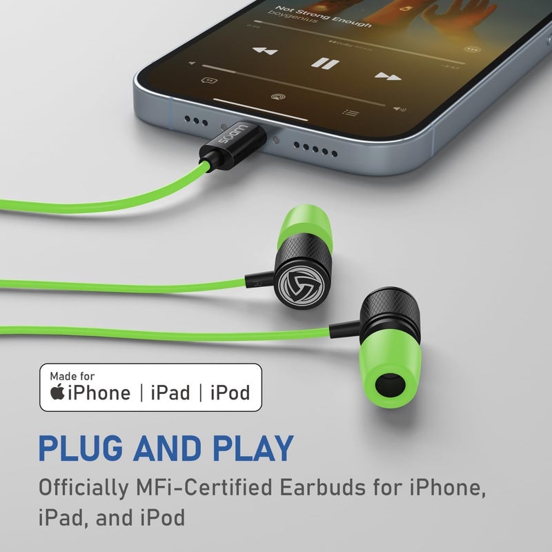 LUDOS Ultra iPhone Wired Headphones Earbuds Earphones with Lightning Connector Apple MFi Certified, 5 Years Warranty, for iPhone 14 13 12 11 Pro Max X XS XR 8 7 Plus with Microphone Control - Green - Image 5