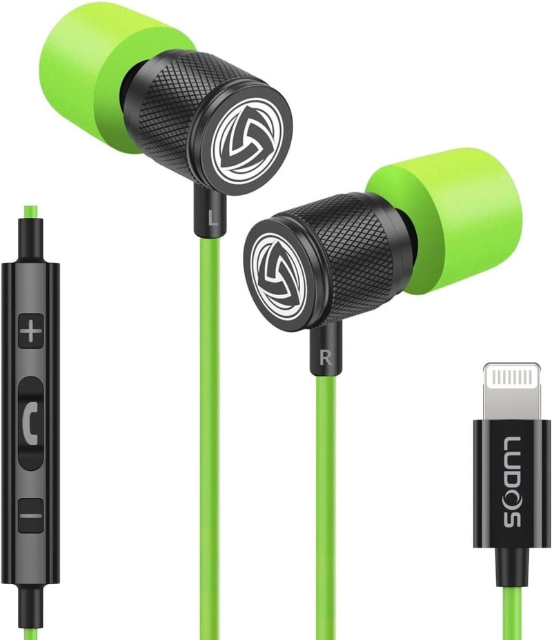 LUDOS Ultra iPhone Wired Headphones Earbuds Earphones with Lightning Connector Apple MFi Certified, 5 Years Warranty, for iPhone 14 13 12 11 Pro Max X XS XR 8 7 Plus with Microphone Control - Green - Image 1