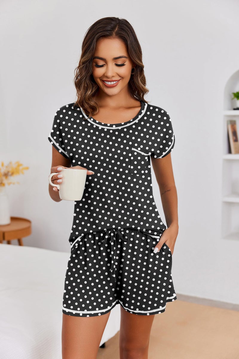 Ekouaer Womens Pajama Sets 2 Piece Soft Short Sleeve Top and Shorts Sleepwear Round Neck Pjs Lounge Set with Pockets Black Dots X-Large - Image 5