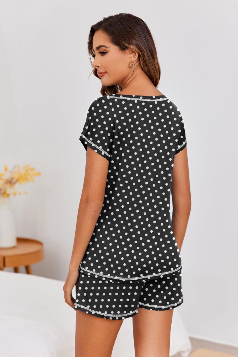 Ekouaer Womens Pajama Sets 2 Piece Soft Short Sleeve Top and Shorts Sleepwear Round Neck Pjs Lounge Set with Pockets Black Dots X-Large - Image 4