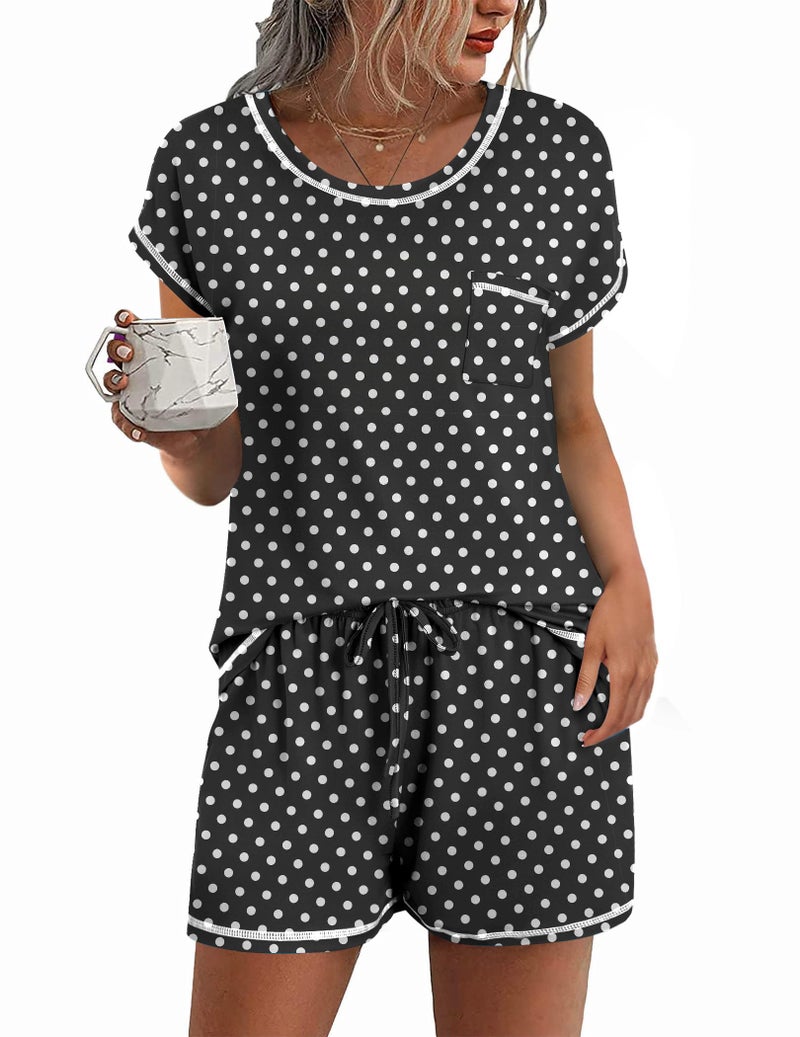 Ekouaer Womens Pajama Sets 2 Piece Soft Short Sleeve Top and Shorts Sleepwear Round Neck Pjs Lounge Set with Pockets Black Dots X-Large - Image 1