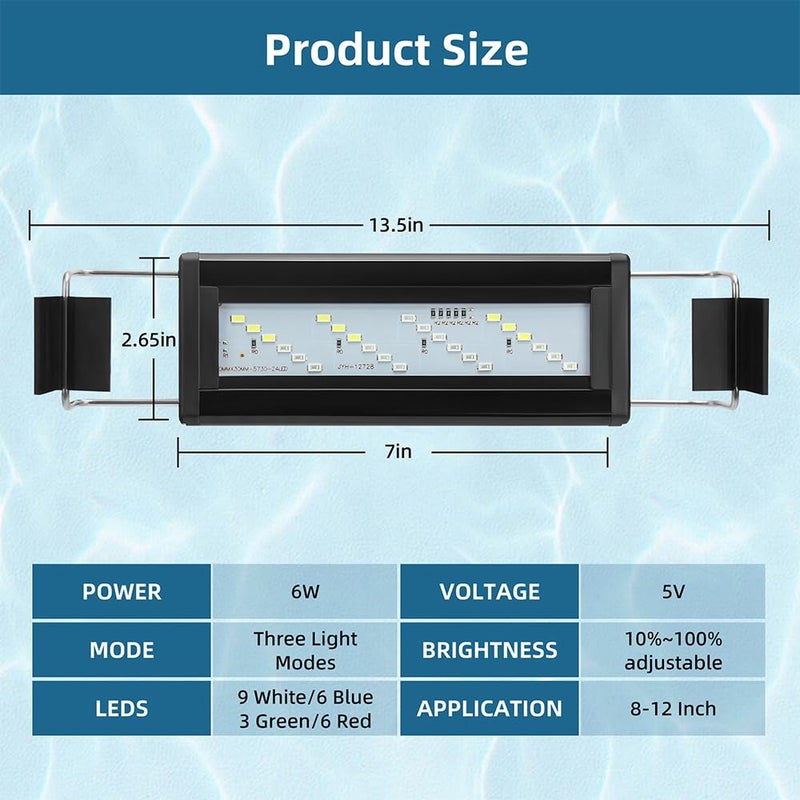 DaToo LED Aquarium Light Full Spectrum Fish Tank Light with Dimmer White Blue Red Green LEDs Fish Tank Light with Three Lighting Modes and Extendable Bracket for 8 Inch to 12 Inch Aquarium - Image 2