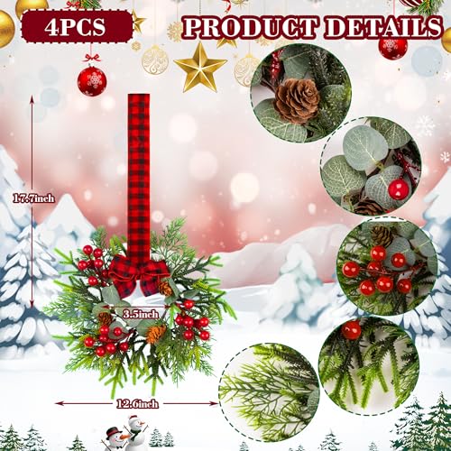 JUSTOTRY 4Pcs Small Christmas Wreath Mini Wreaths with Red Berry Pine Eucalyptus Christmas Wreaths for Door Kitchen Cabinets Window Fireplaces Decor - Image 3