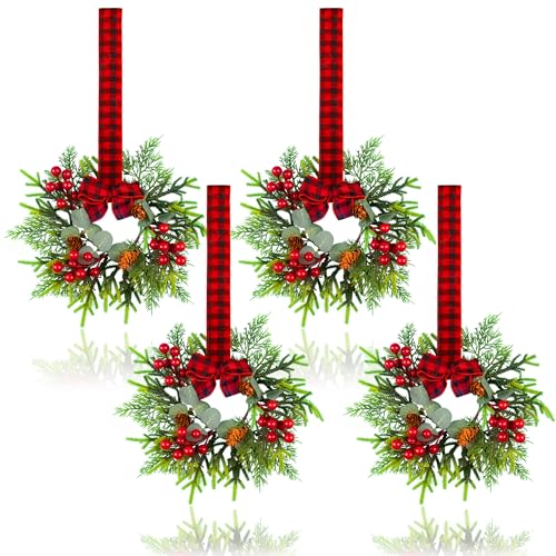 JUSTOTRY 4Pcs Small Christmas Wreath Mini Wreaths with Red Berry Pine Eucalyptus Christmas Wreaths for Door Kitchen Cabinets Window Fireplaces Decor - Image 1
