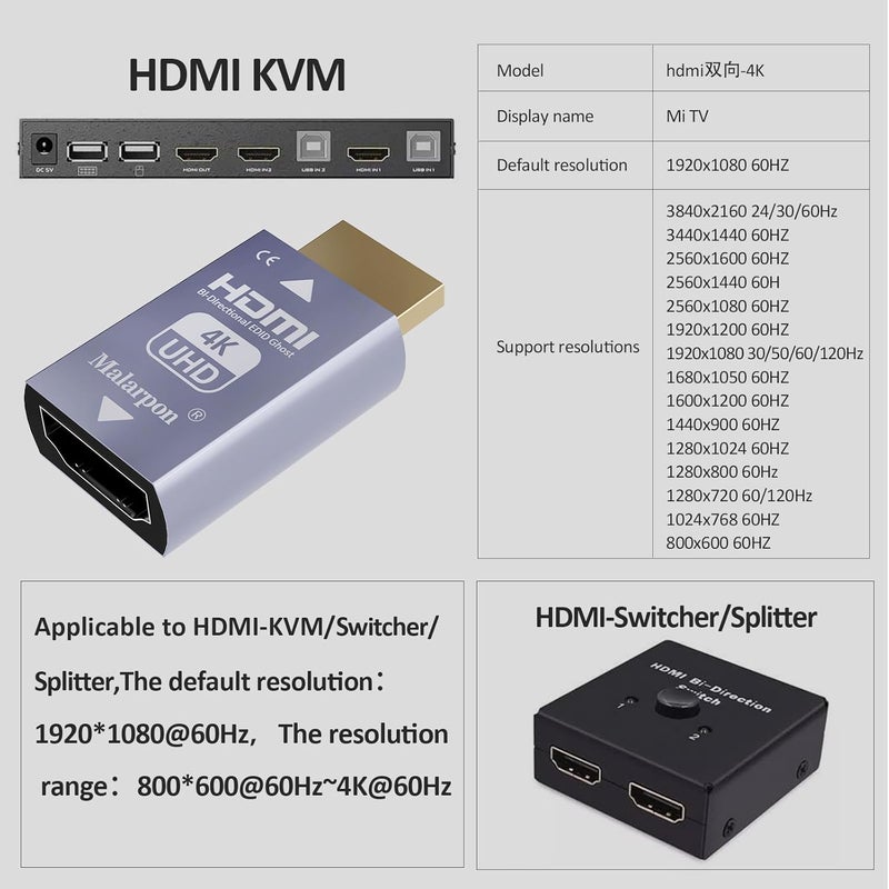 Malarpon Hdmi Edid Emulator Passthrough 3rd Generrtion Aluminum fit Headlesskeep The EDID of The Monitor Active Switches and Extenders 3840x2160@59Hz 6P - Image 2
