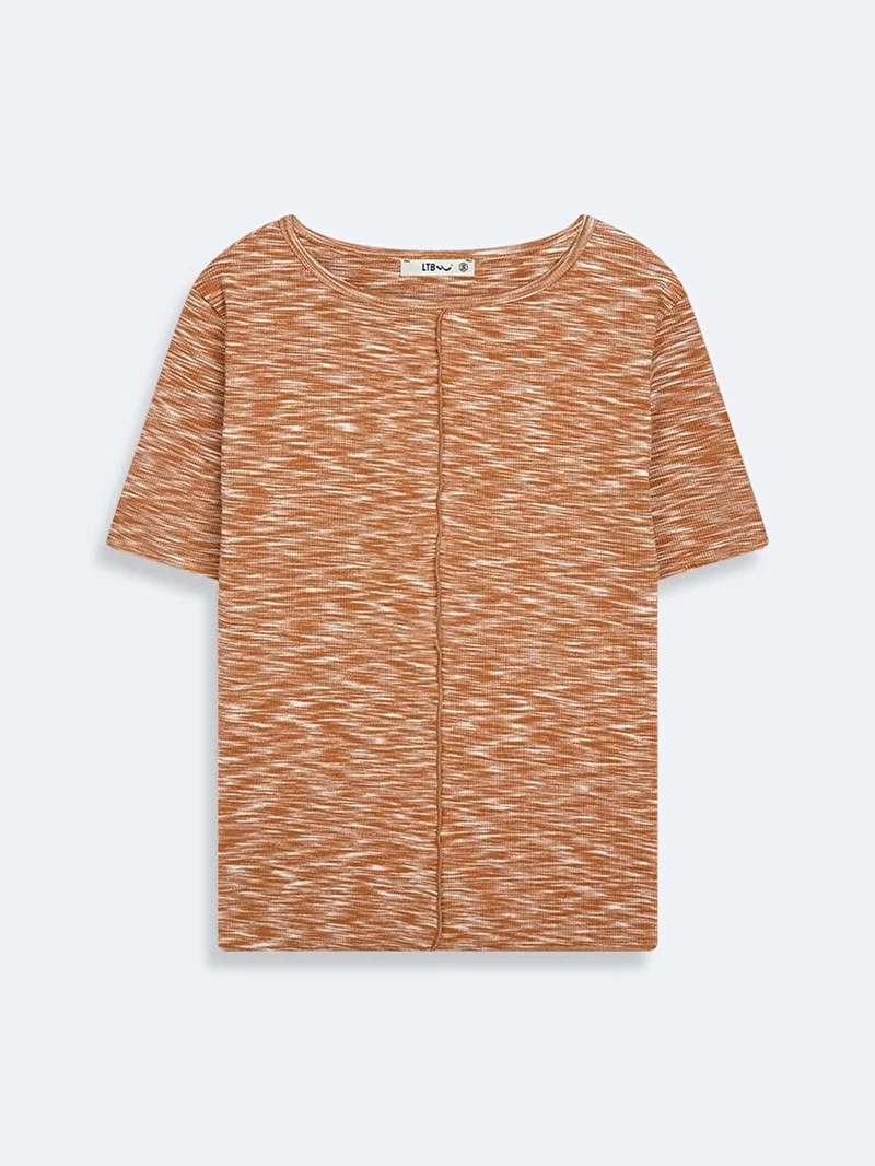 Short Sleeve Crew Neck Front Patterned Coffee Color T-Shirt