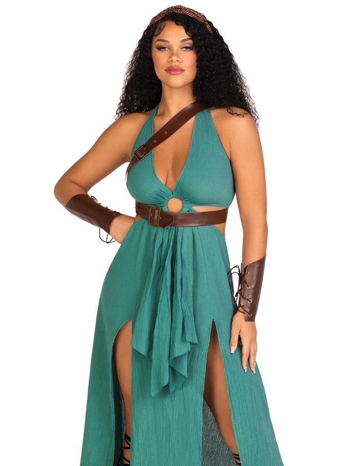 Leg Avenue Women's 4 Pc Warrior Maiden Costume with Gauze Cut Out Dress, Shoulder Harness, Headband, Arm Cuffs, Green, Small - Image 1