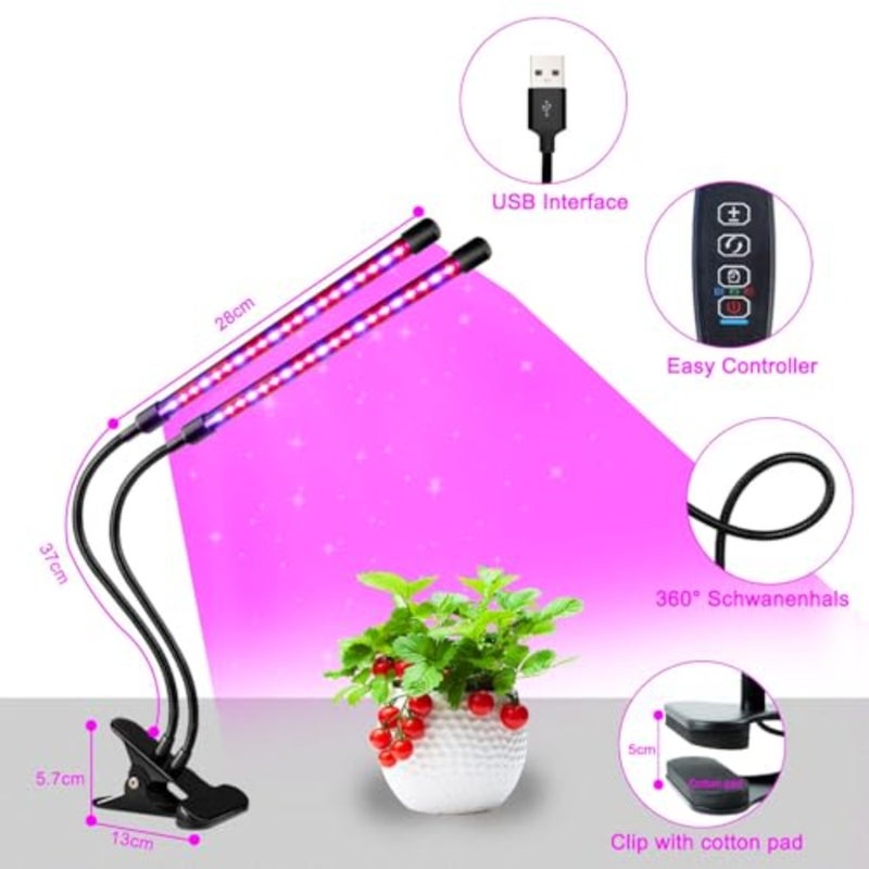 Plant Growing Lamp 2 Heads Red and Blue LED Grow Light Flexible Gooseneck for Indoor Plants 3/9/12H Timer 3 Spectral Modes 10 Dimmable Levels - Image 3